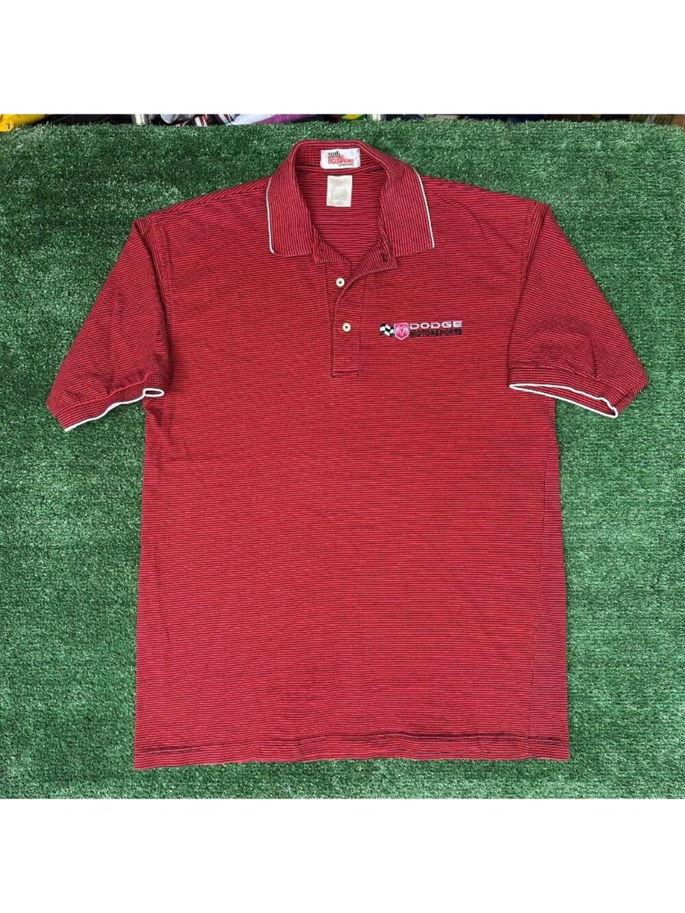 Vintage Y2K Dodge Motorsports Striped Polo Shirt Red L Racing Garage Embroidered